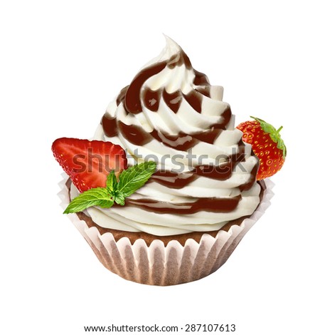 Cupcake with whipped cream and strawberry isolated on white background