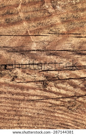 Photograph of an old, obsolete, roughly treated, weathered, cracked, knotted Pine plank grunge texture.