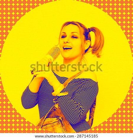girl singing into a microphone, pop art style. Instead of a microphone girl holding a comb