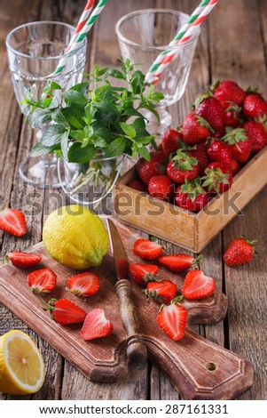 Ingredients for strawberry juice.selective focus