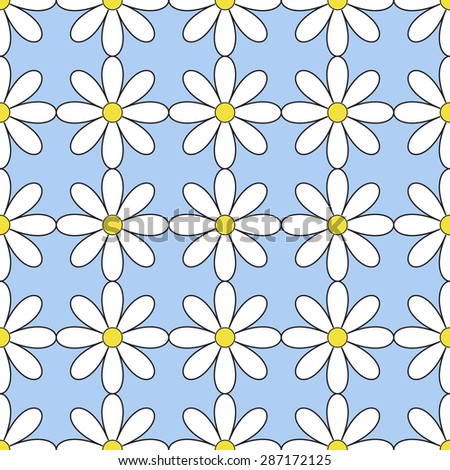 Floral vector seamless pattern with chamomiles on light blue background. Clipping mask.