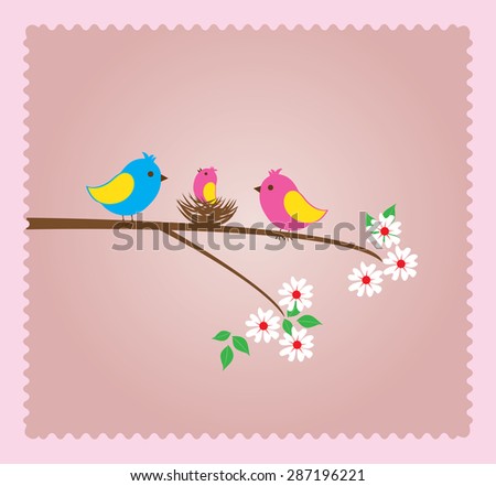 vector bird family with a bird nest on the tree branch