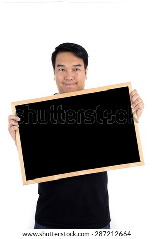 Asian man show with black woodboard on white background