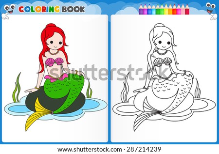 Coloring page mermaid with colorful sample printable worksheet for preschool / kindergarten kids to improve basic coloring skills