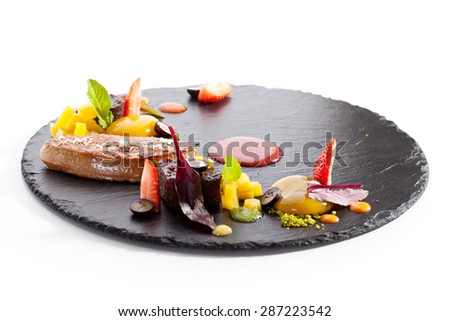 Fried Duck Fillet with Fruits and Berries and Sweet Dip