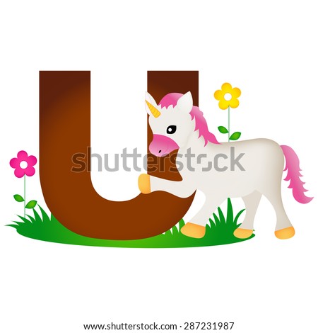 Colorful animal alphabet letter u with a cute unicorn flash card isolated on white background