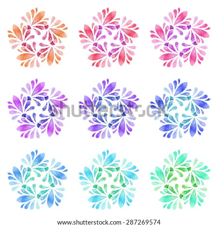 Set of nine abstract flowers of five elements with polygonal pattern on white background in the Watercolor pattern collection