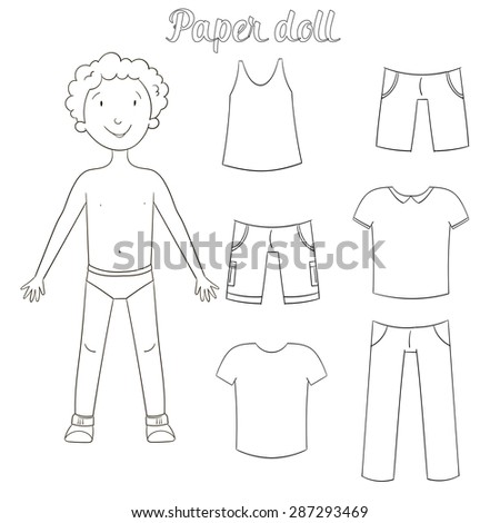 Paper doll boy and clothes coloring book vector illustration