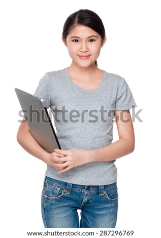 Young woman hold with laptop computer