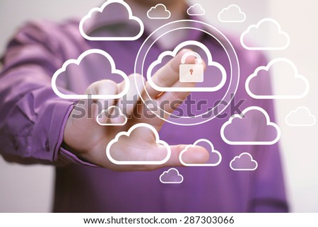 Businessman pushing virtual button cloud lock sign