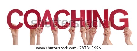 Many Caucasian People And Hands Holding Red Straight Letters Or Characters Building The Isolated English Word Coaching On White Background