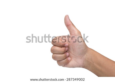 Closeup photo of male hand showing thumbs up sign isolated on white background