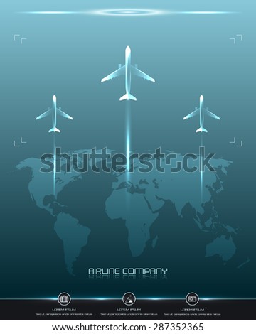 Vector Aircraft brochure. Banner with three plans and world map