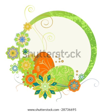 Frame with Easter eggs and flowers. Raster version of vector illustration.