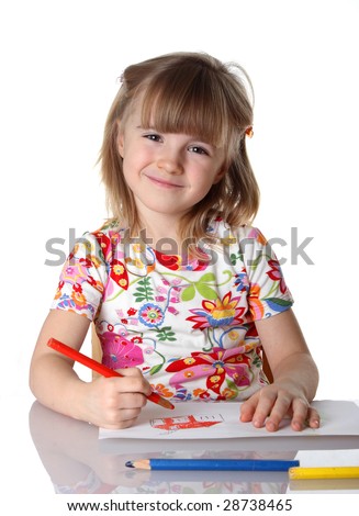 happy little girl drawing a picture on white