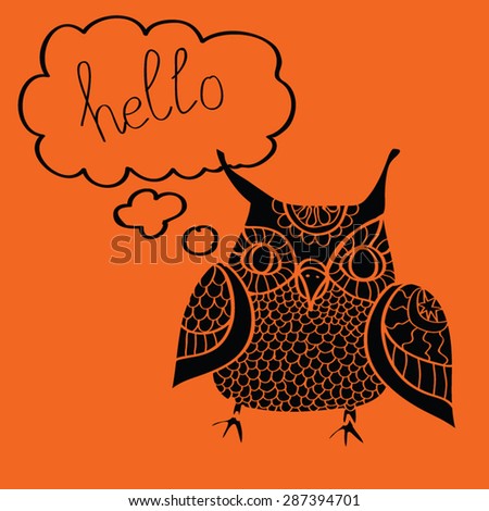 Owl say Hello vector illustration. Cartoon owlet  with comic bubble with word. Black owl silhouette on red.