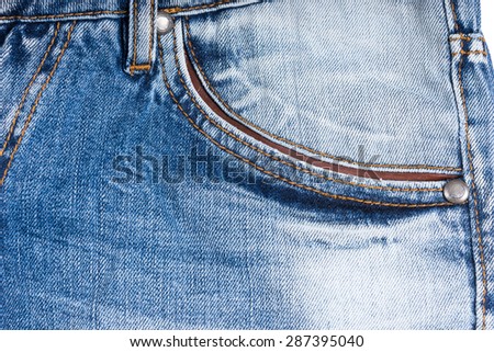 Extreme Close Up of Worn Denim, Detail of Faded Blue Jeans Pocket