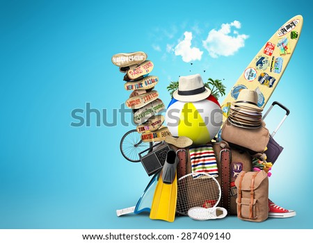 Vacation and travel, a huge pile of things for the holiday Royalty-Free Stock Photo #287409140