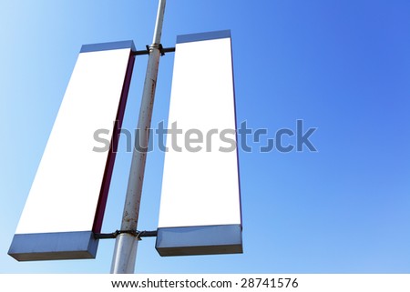 Two blank signs on the post, put your own text or image here