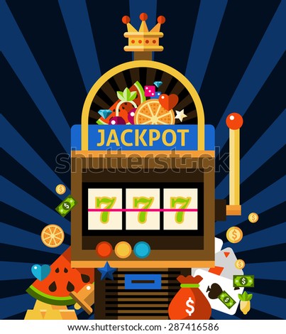 Slot machine concept with jackpot crown and money on dark blue background with rays flat vector illustration 
