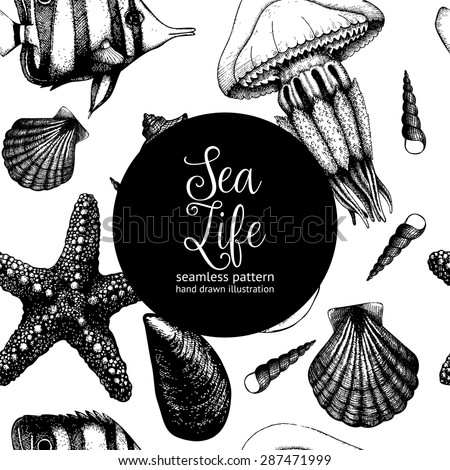 Vector seamless pattern with hand drawn small fish, sea shells, sea star and jellyfish sketch. Vintage background with sea life illustrations isolated on white