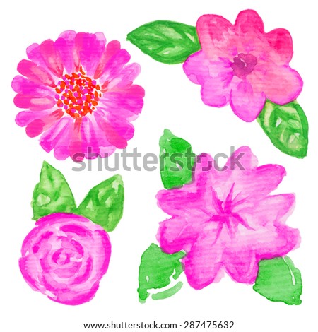 Hand painted watercolor flowers. Graphic design elements for baby shower and wedding invitations, birthday cards, corporate identity and business cards, web sites and scrapbooking. Vector illustration