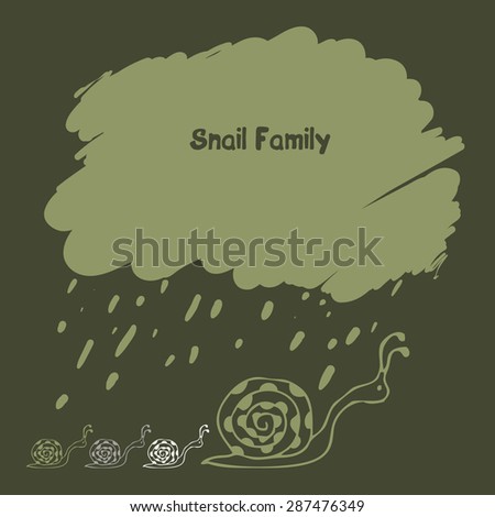 cartoon snail family under rainy cloud, vector illustration