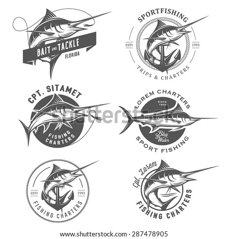 Set of marlin fishing emblems, badges and design elements