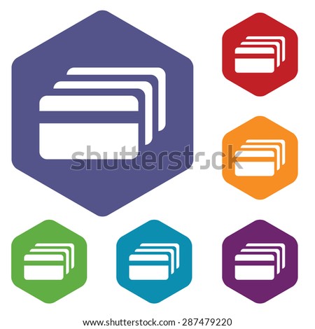 Colored set of hexagon icons with image of credit card, isolated on white
