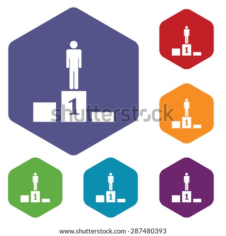 Colored set of hexagon icons with image of person on pedestal, isolated on white