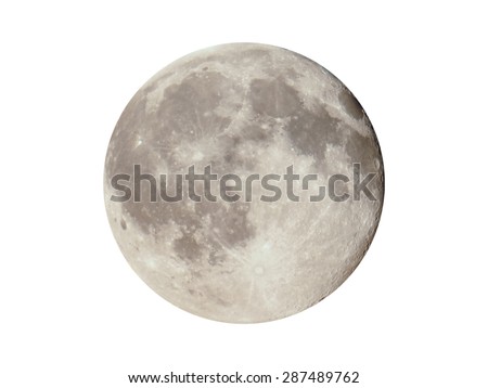 Full moon seen with a telescope from northern emisphere at night isolated over white background