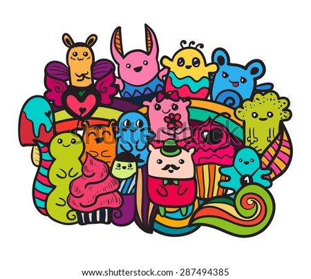 Doodle vector illustration with animals. Funny monsters graffiti. Hand drawn sketch art.