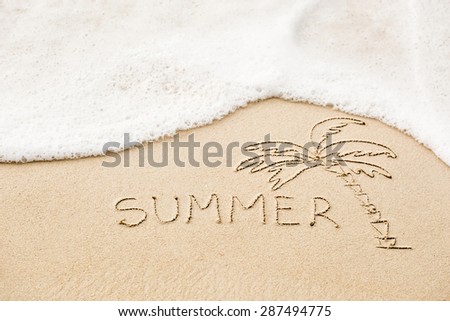 Inscription of the word Summer and palm tree drawing on wet yellow beach sand. Summertime season