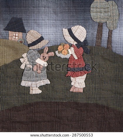 Sunbonnet sue applique quilt with two little girls, detail