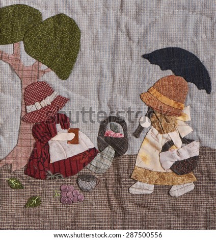 Sunbonnet sue applique quilt with two little girls, detail