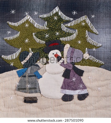 Sunnbonet sue quilt with two little girls on Cristmas, detail