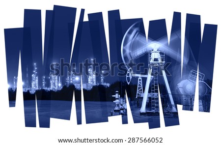 Oil industry abstract  background. Oil and gas industry. Photo collage toned blue. Isolate on a white.