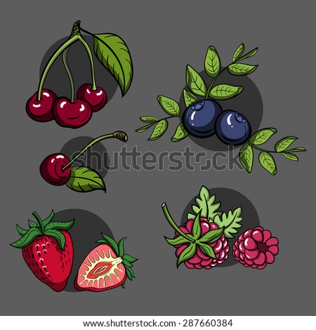 Set of hand drawn various berries on the dark background. Vector illustration