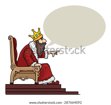 King character, pointing, with speech bubble, vector illustration