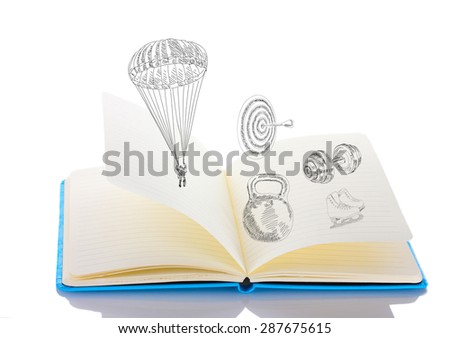 Open book with drawings isolated on white