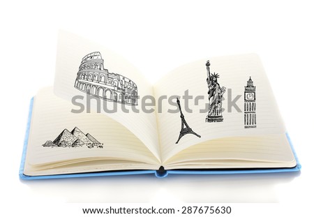 Open book with drawings isolated on white