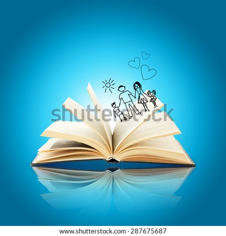 Open book with drawings on blue background