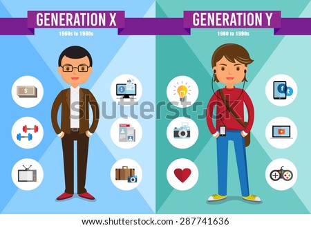 Generations Comparison info graphic, Generation X, Generation Y, cartoon character Royalty-Free Stock Photo #287741636