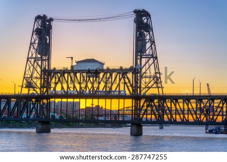 Sunset over the Steel Bridge in Portland, Oregon