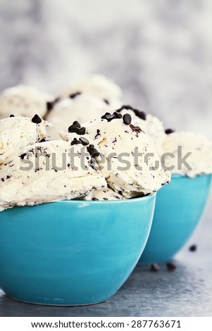Bowl of chocolate chip ice cream. Extreme shallow depth of field.