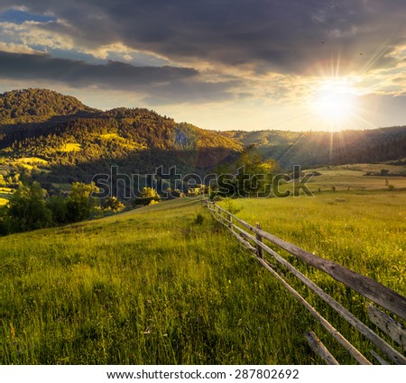 composite rural landscape. fence on the meadow near trees on the hillside. conifer forest on the mountain top in evening light