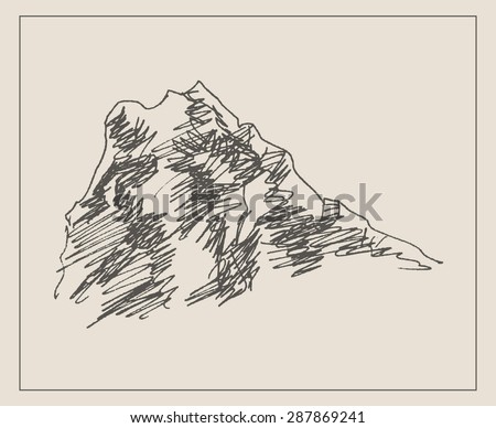 Mountain cliff scenery sketch hand drawing, in engraving etching style, for extreme climbing sport, adventure travel  and  tourism design
