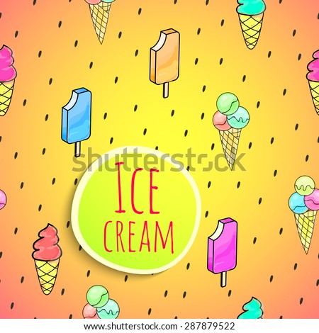 summer juicy card with ice cream and berry seeds background