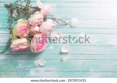 Fresh roses flowers  in ray of light on turquoise painted wooden background. Selective focus. Place for text.
 Royalty-Free Stock Photo #287891435