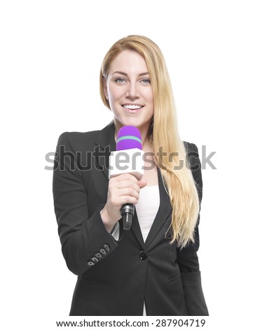 Attractive blonde TV presenter holding a microphone. Isolated on white background.